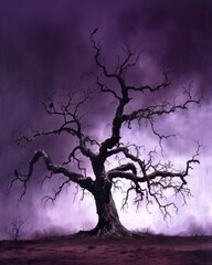 A Grym Fate. A lone, ancient oak tree stands tall in a desolate landscape, its gnarled branches reaching out like skeletal fingers. The sky is painted in shades of deep purples and ominous grays