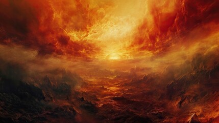 otherworldly landscape with fiery hues, where souls traverse an infinite expanse, symbolizing the concept of eternal punishment. The surreal atmosphere and dreamlike quality - obrazy, fototapety, plakaty