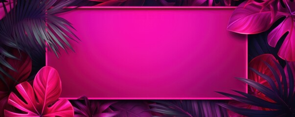 Magenta frame background, tropical leaves and plants around the magenta rectangle in the middle of the photo with space for text - obrazy, fototapety, plakaty