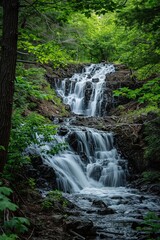 A hidden waterfall cascading down a rocky outcrop in the heart of the deep woods, framed by lush foliage. The long exposure captures the silky flow of water, adding a touch of ethereal beauty
