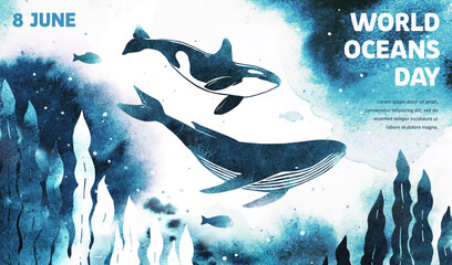 World oceans day. June 8. Watercolor vector killer whale and humpback under the sea. Marine underwater life. Ecology conservation. Template for flyer, list, ad, cover, banner, invitation © GaliChe