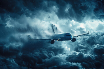 Commercial passenger plane in thunderclouds