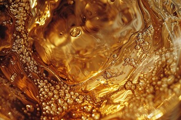 A high-angle shot capturing the intricate patterns and refractions of distilled gold in a transparent container. Rich amber tones.