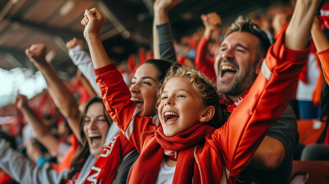 Members of extended family with kids cheering for their sports team while watching a game from stadium stands. - Powered by Adobe