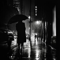 Silhouette of a person with an open umbrella, standing under a sudden downpour, selling umbrellas to passersby. Black and white.