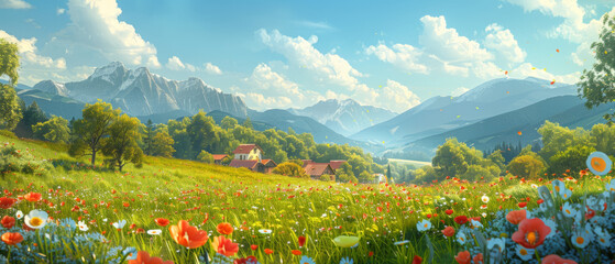 Whimsical and charming nature illustration featuring a picturesque landscape with a village, countryside, meadow, field of flowers