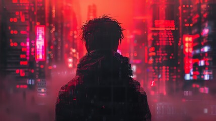 A dark figure stands in front of a red neon city.