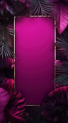 Magenta frame background, tropical leaves and plants around the magenta rectangle in the middle of the photo with space for text
