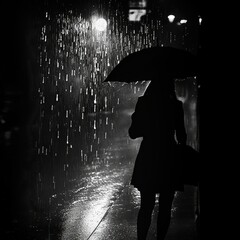 Silhouette of a person with an open umbrella, standing under a sudden downpour, selling umbrellas to passersby. Black and white. - obrazy, fototapety, plakaty