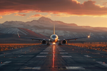 commercial airplane on the airfield runway at sunset