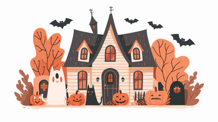 A festive house for Halloween. Ghosts a cat bats 