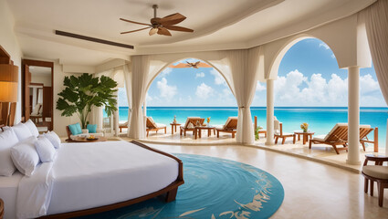 A bedroom with a view of the ocean
