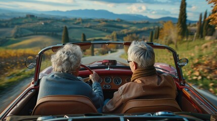 Old senior couple is driving a blue convertible car. People ride in fashionable retro cabriolet. A fun road trip. Beautiful vintage car. Summer auto travel. Happy holidays. Weekend adventure. - Powered by Adobe
