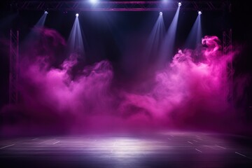 Magenta stage background, magenta spotlight light effects, dark atmosphere, smoke and mist, simple stage background, stage lighting, spotlights - obrazy, fototapety, plakaty
