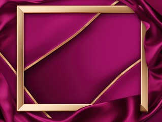 Magenta velvet background with golden frame, luxury and elegant template for design. Vector illustration of magenta texture fabric with gold square border