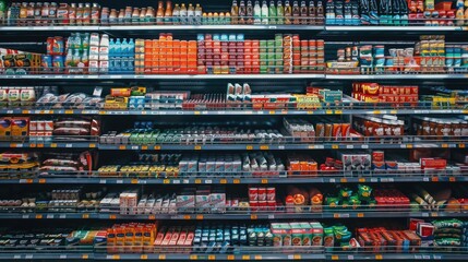 A retail shelf in a grocery store aisle filled with a variety of food and drinks