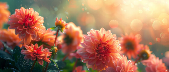 Delicate Dahlia flowers with rain drops in a rustic garden under sunset sunlight, creating a beautiful and serene scene.