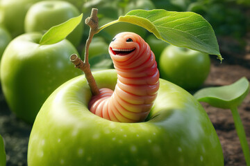 A big worm comes out of a green apple and smiles. Focus concept
