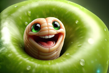 A big worm comes out of a green apple and smiles. Focus concept