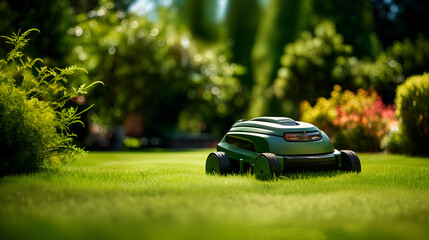 Robotic Lawn Mower cutting green grass in the garden. Automatic robot lawnmower in modern garden on sunny day close up. - obrazy, fototapety, plakaty