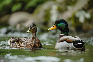 Obraz premium pair of ducks in love swims in the lake