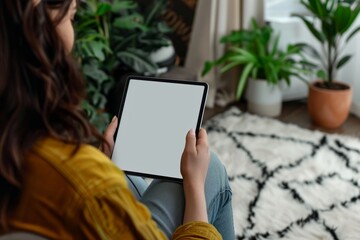 Digital mockup over a shoulder of a woman holding a tablet with a completely grey screen