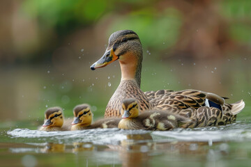 Obraz premium Mother duck with ducklings swim in the lake