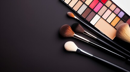 Close Up of Makeup Brushes and cosmetics on a black background. Generative AI - obrazy, fototapety, plakaty