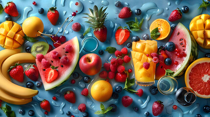 Fruits and mixed berries. Tropical fruits and mixed berries with juice. Watermelon, banana, pineapple, strawberry, orange, mango, blueberry, cherry, raspberry, papaya. - obrazy, fototapety, plakaty