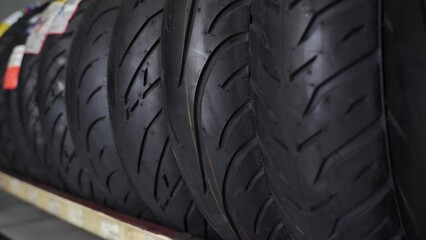 Various kinds of motorbike tires are sold in specialized motorbike tire shops.