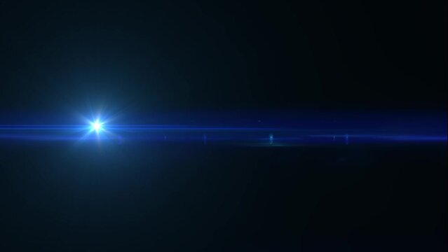Lens flare on black background. Anamorphic lens effect in blue tone, 4K video. 
