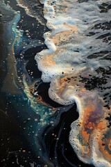 Black water with rainbow-colored oily slick and white foam