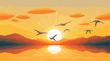 A serene sunrise scene adorned with radiant golden bird