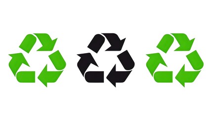 Obraz premium Set of three recycling symbols in green and black. Eco-friendly icons depicting sustainability. Simple, clear and versatile recycling signs for varied use. AI
