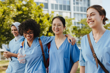 Female health students coming from class in medical school