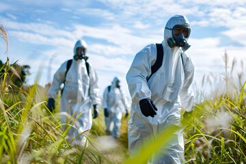 Three men in hazmat suits are walking through a field. Scene is serious and focused, as the men are likely working on a hazardous task