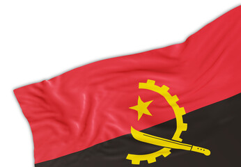 Realistic flag of Angola with folds, on transparent background. Footer, corner design element. Perfect for patriotic themes or national event promotions. Empty, copy space. 3D render.