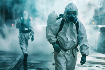 Two people in hazmat suits are walking down a street with a foggy atmosphere. One of them is...