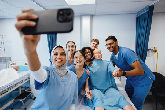 Student nursing team taking a selfie during simulation training