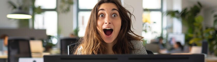 a photo of a woman positively surprised behind her computer in a Paris office - obrazy, fototapety, plakaty