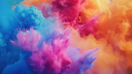 Colorful clouds of powdered dyes filling the sky as people joyfully throw handfuls of Holi colors into the air, creating a mesmerizing spectacle. - obrazy, fototapety, plakaty