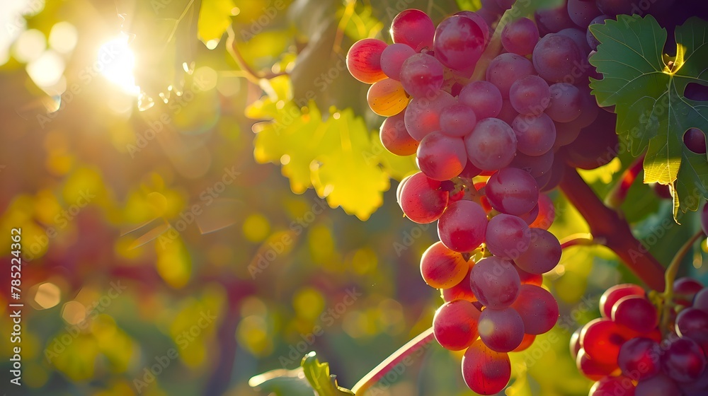 Poster Ripe grapes hanging on vine in golden sunlight, nature's bounty awaiting harvest. Photography for vineyard themes. Ideal for food and drink stock imagery. AI