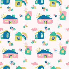 Obraz premium Home sweet home house silhouette with window, door and smoke seamless pattern. Funny houses of different shapes. Endless print background texture. Retro and vintage. Vector illustration.