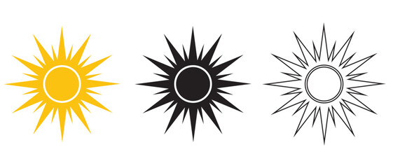 Sun icons vector isolated on white background.  Sun silhouette and vector icon. Abstract Sunset, Sunrise icon collection. Vector illustration.