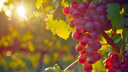 Ripe grapes hanging on vine in golden sunlight, nature's bounty awaiting harvest. Photography for vineyard themes. Ideal for food and drink stock imagery. AI