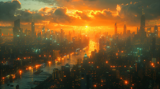 Futuristic City Skyline with Orange and Green Neon 3d image wallpaper 
