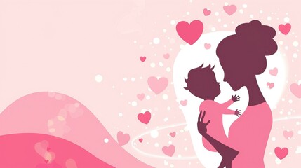 Mother's Day celebration card design with a mother silhouette holding a child and heart symbol. with the text 
