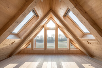 Interior of a bright attic room with windows