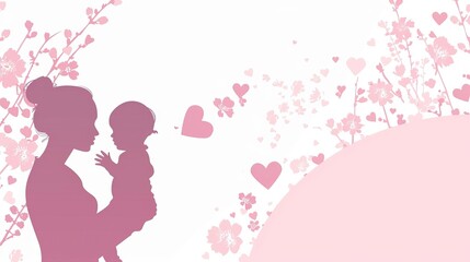 Mother's Day celebration card design with a mother silhouette holding a child and heart symbol. with the text 