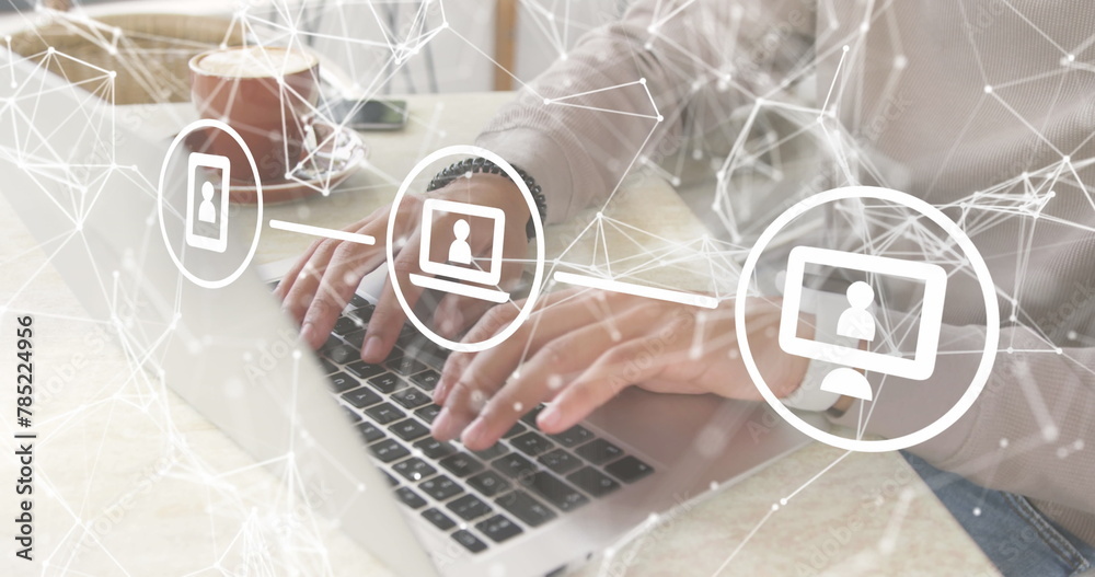 Poster image of data processing and networks over man using laptop